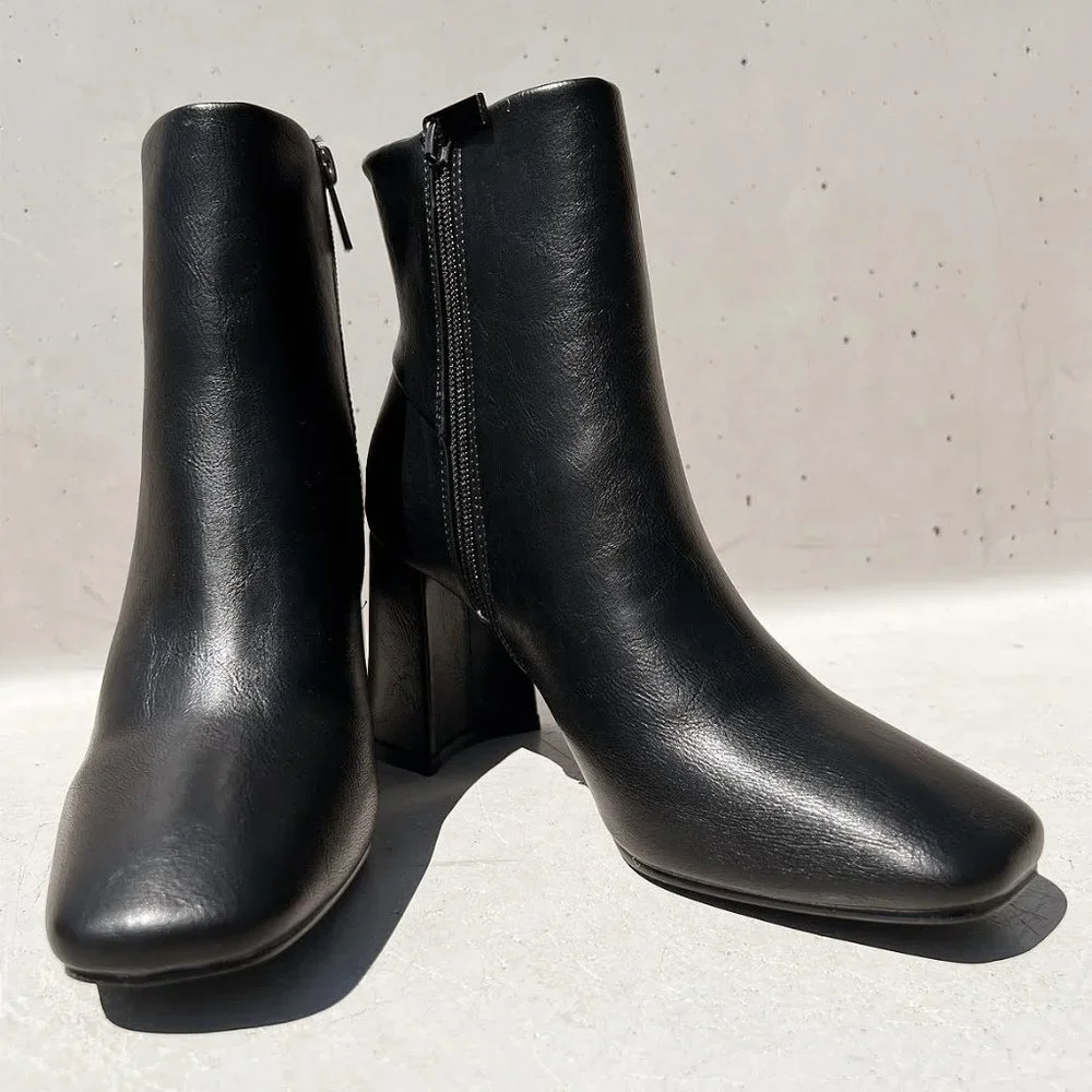 NEW Black Faux Leather Sleek Slim Square Toe Block Heel Ankle Boots Bootie Shoes - Picture 3 of 13